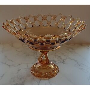 Vintage Westmoreland Amber Glass Pedestal Bowl With Lace Edge Compote Bowl